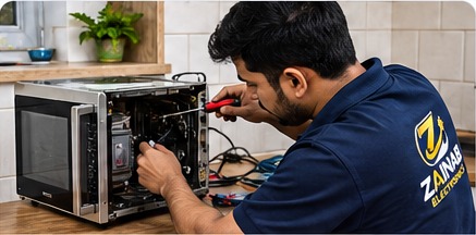 Indian technician repairing microwave oven