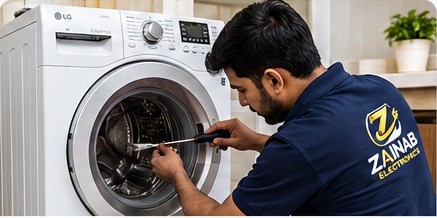 Indian technician repairing washing machine