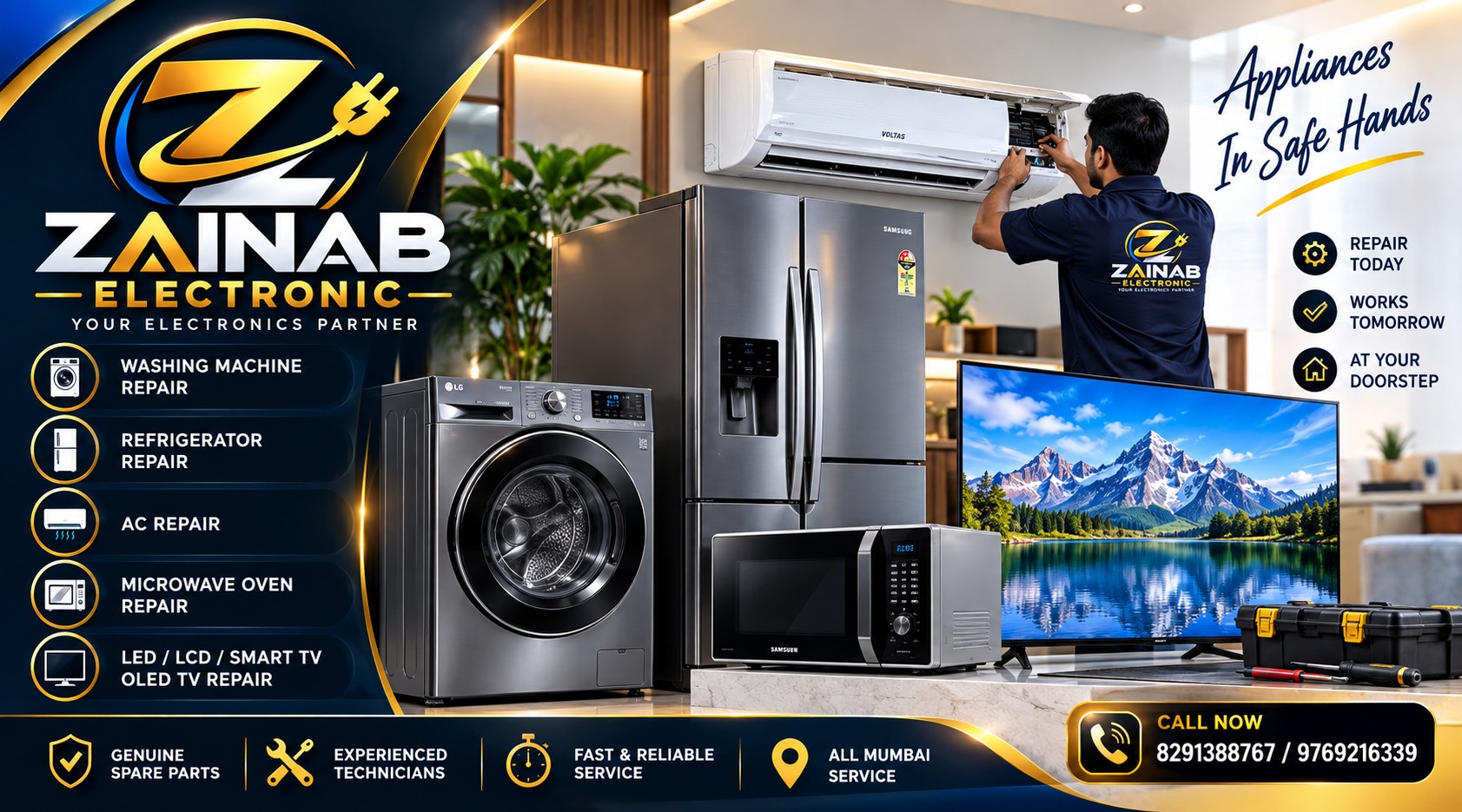ZAINAB ELECTRONICS appliance repair banner with Indian technician